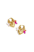 Small hoop earrings with dangling pearls, beads, and a heart