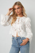 Cotton Woven Women's Long Sleeve Top Casual Cutout