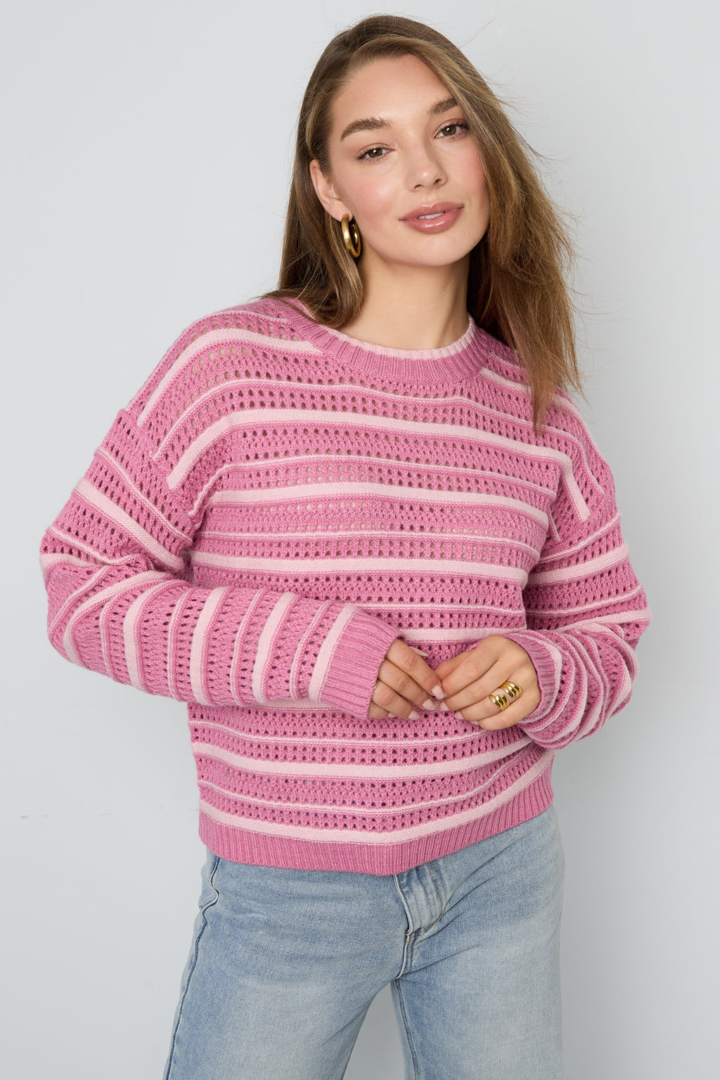 Knitted Polyester Fiber Women's Knit Sweaters Casual Stripes